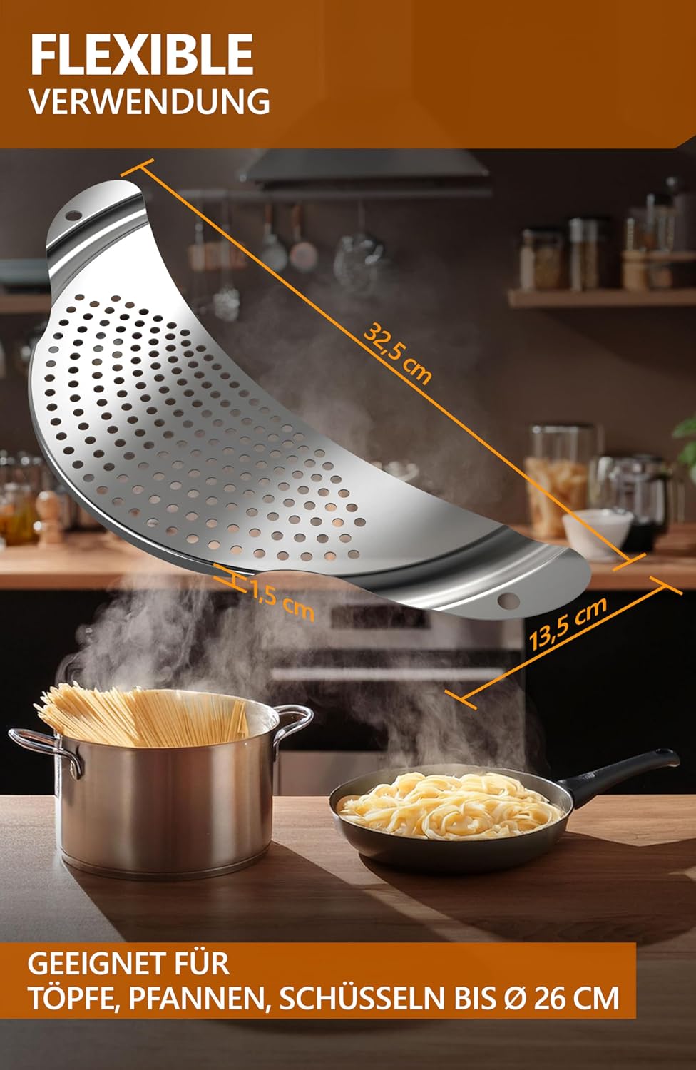 4smile Nudelsieb - Nudelsieb Edelstahl als Abgiesshilfe für Töpfe bis Ø 26 cm - Flaches Abtropfsieb platzsparend, funktionale Abgießhilfe für Pasta, Kartoffeln, Gemüse