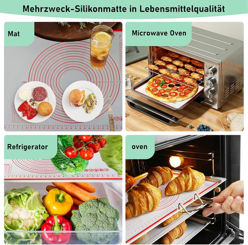 VFANDV Silikon Backmatte, 70 x 50 cm Backunterlage Silikon, Backpapier Arbeitsmatte mit Messung, Rutschfeste Backunterlage Antihafte Backmatte mit Teigschneider für Plätzchen, Pizza Teig (rot)