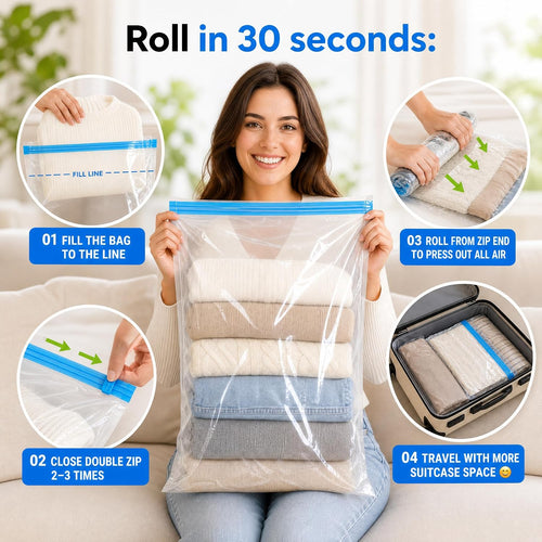 6 Stück Vakuum Beutel 40 × 60 cm, Kleidersack Vakuum ohne Pumpe für Reisen
