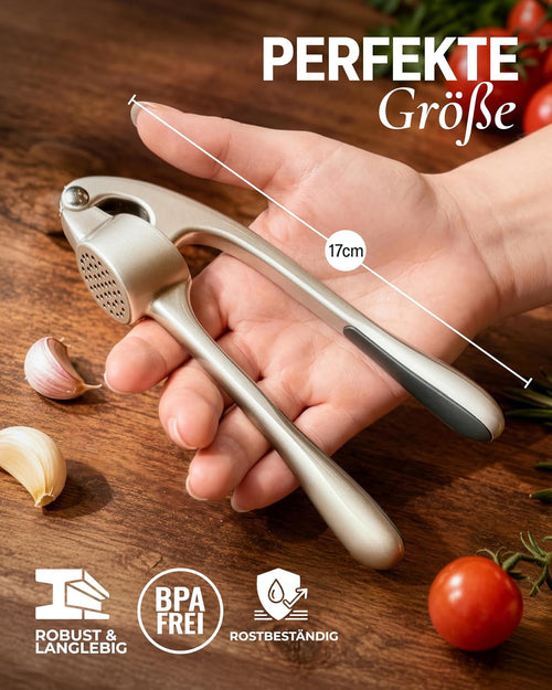 Zulay Kitchen Knoblauchpresse Edelstahl mit Silikon-Knoblauchschäler und Reinigungsbürste, Knoblauchpresse mit Komfortabler Griff, Ingwerpresse, Haushaltshelfer Knoblauch presse Garlic Crusher, Silber