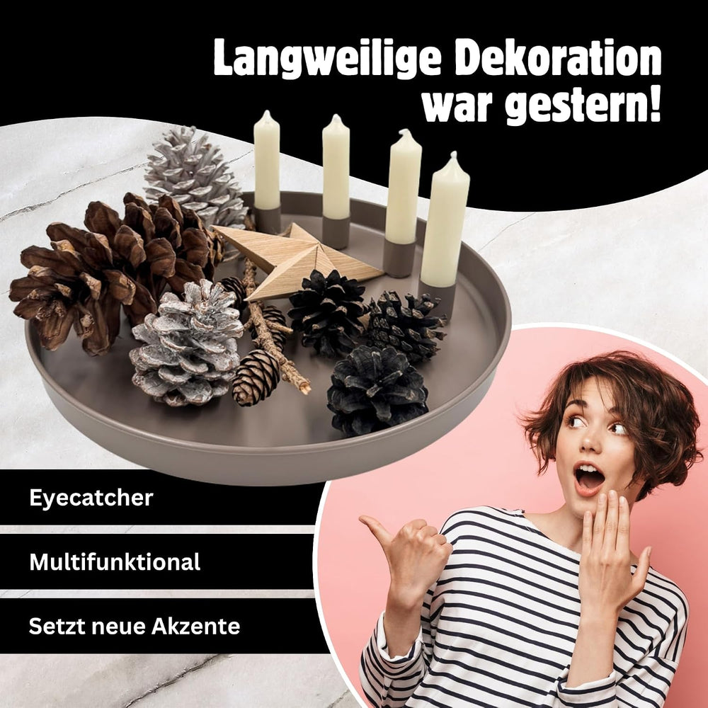 Tablett mit 4 magnetischen Kerzenhaltern – Mattes Design – beige, Ø 25 cm