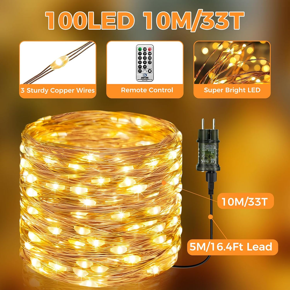 btfarm 10M 100 LED Lichterkette Innen mit Stecker, Warmweiß Kupferdraht