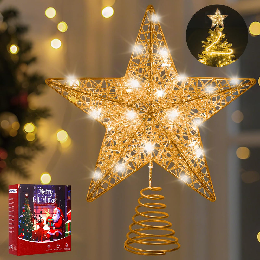 Gold Weihnachtsbaumspitzen Stern, 25cm Glitzer-Baumspitzen aus Golddraht mit Timer, Stromversorgung über Batterie oder USB, 20 LED-Lichter, beleuchteter Stern-Baumschmuck für Weihnachtsbaum