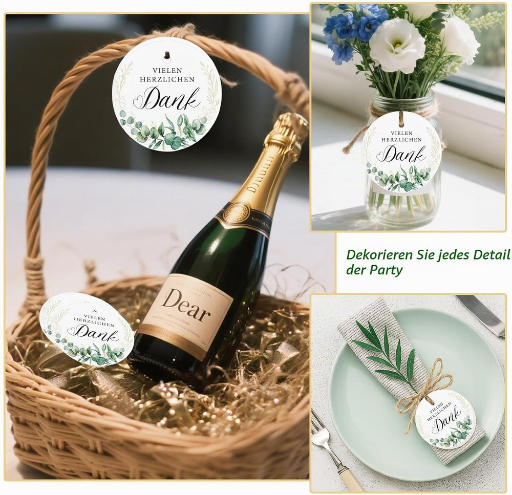 100 Stück Dankesetiketten rund 5 cm mit grünen Blättern – Geschenkanhänger mit Sprüchen & Schnur, Papieranhänger für Geschenkverpackung, Hochzeit, Party, Flaschen & Geschenkboxen