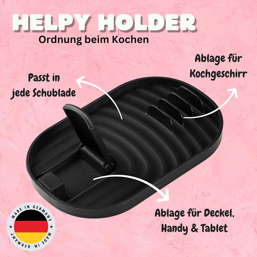 Löffelablage für Ordnung in der Küche - Topfdeckelhalter & Kochlöffelablage in einem - Ablage für Deckel, Utensilien, Pfannenwender, Tablet [schwarz]
