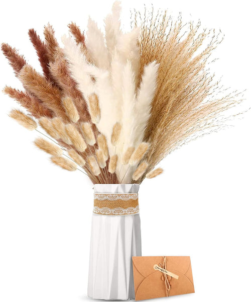 Pampasgras Getrocknet - Natürliche Trockenblumen, Braun、Weiß Pampasgras Flauschige Wedel, Lagurus und Schilfblume Trockenblumen Strauß Dried Flowers, für Blumen Arrangements Heim Decor