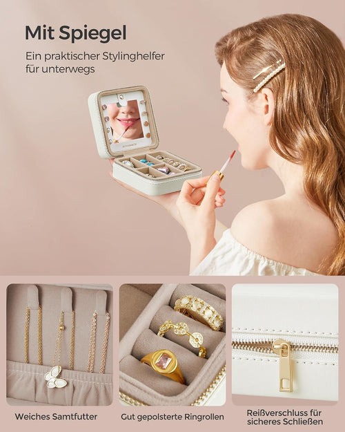 SONGMICS Schmuckkästchen Reise, Spiegel, PU-Bezug, 11,4 x 11,4 x 6 cm