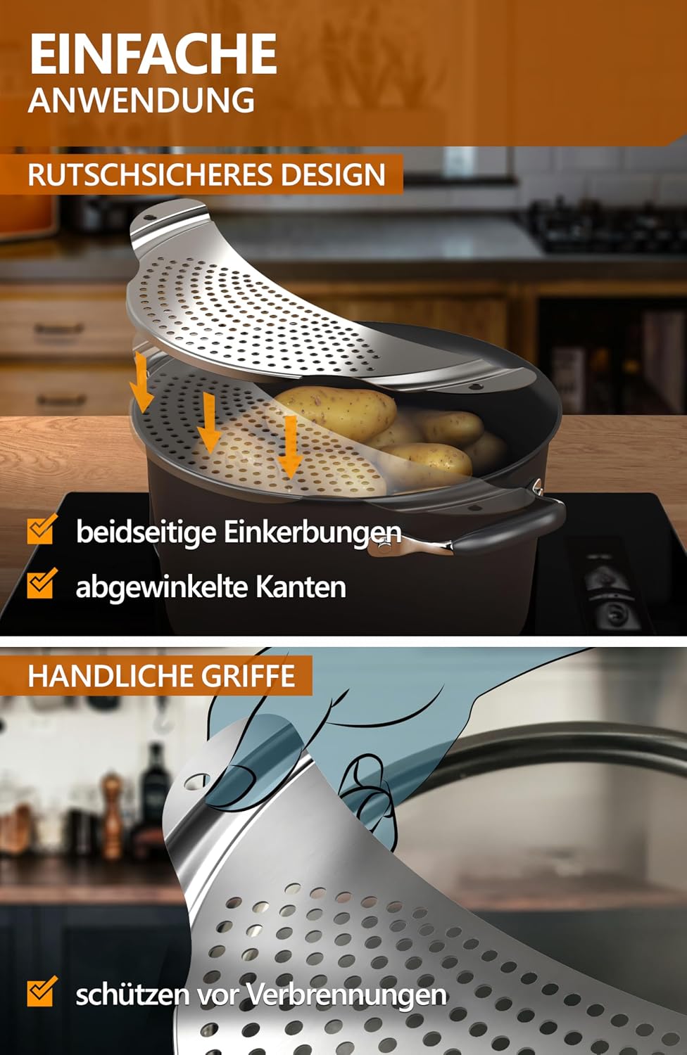 4smile Nudelsieb - Nudelsieb Edelstahl als Abgiesshilfe für Töpfe bis Ø 26 cm - Flaches Abtropfsieb platzsparend, funktionale Abgießhilfe für Pasta, Kartoffeln, Gemüse