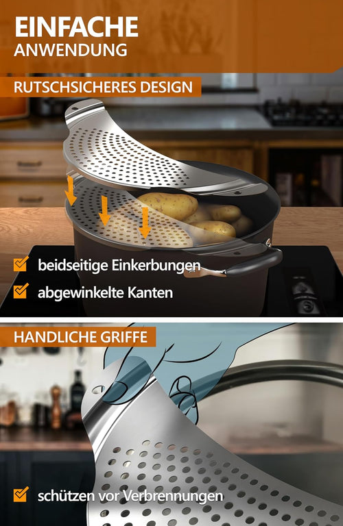 4smile Nudelsieb - Nudelsieb Edelstahl als Abgiesshilfe für Töpfe bis Ø 26 cm - Flaches Abtropfsieb platzsparend, funktionale Abgießhilfe für Pasta, Kartoffeln, Gemüse