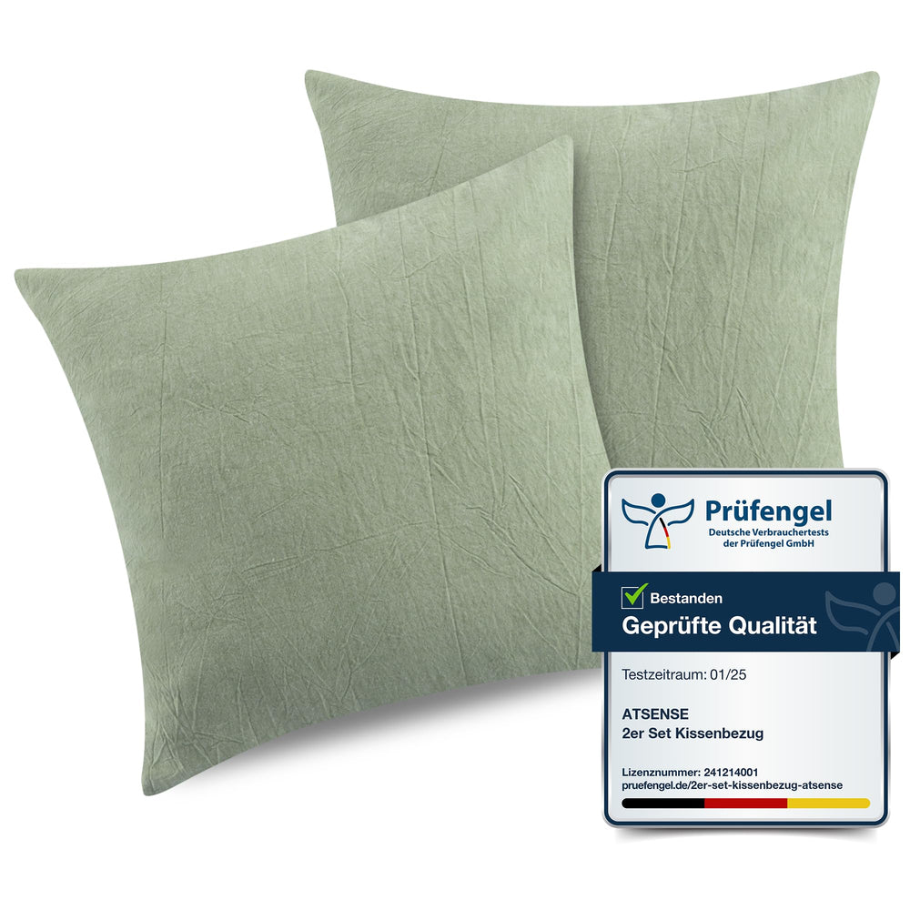 ATsense 2er Set Kissenbezug 40x40 cm - Gewaschene Baumwolle, Dunkelgrau Kopfkissenbezug mit Reißverschluss, Oeko-TEX Zertifiziert Weich, Nicht Lleicht Verformbar