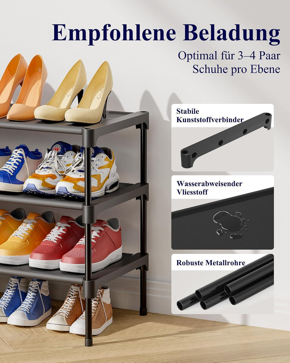 Kitsure Schuhregal, 3 Ebenen, 63 x 30 x 36 cm, Schwarz, platzsparend