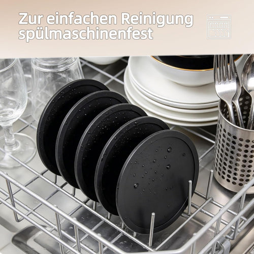 HELI MIAO Untersetzer Gläser Silikon mit Halter,rutschfest Glasuntersetzer mit Hohem Rand für Auslaufschutz,Hitzebeständig Tassenuntersetzer für Couchtisch,Esstisch&Bar,10Stück mit Halter Schwarz