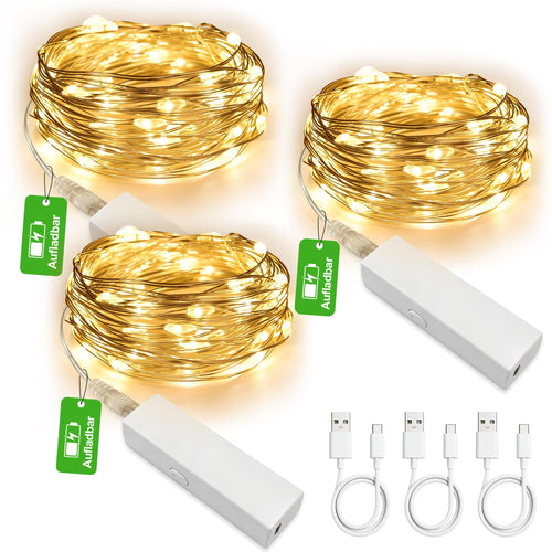 Mini Lichterkette 5M 50LED Warmweiß, Wiederaufladbar USB, Timer, 8 Modi, Wasserdicht, für Innen Außen, Garten, Hochzeit, Party, Weihnachten, 2 Stück