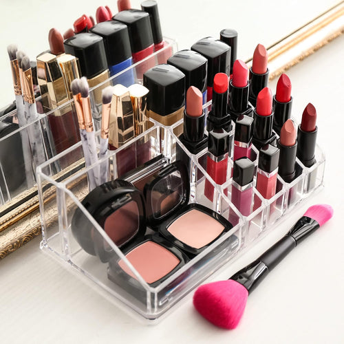 Relaxdays Make Up Organizer Acryl, 2-teilige Schminkaufbewahrung mit Lippenstifthalter und 4 Schubladen, transparent, 19 x 24 x 13.5 cm