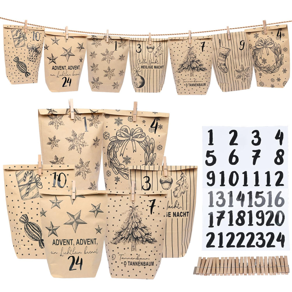 Adventskalender Tüten zum Befüllen, 24 Diy Adventskalender zum Befüllen mit Zahlenaufklebern & Klammern, Papiertüten Weihnachtskalender Tüten, Weihnachten Geschenke Machen