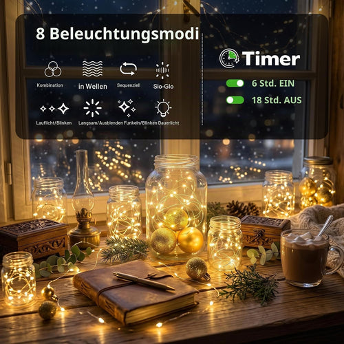 Mini Lichterkette 5M 50LED Warmweiß, Wiederaufladbar USB, Timer, 8 Modi, Wasserdicht, für Innen Außen, Garten, Hochzeit, Party, Weihnachten, 2 Stück