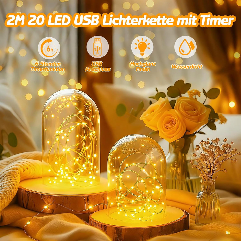 ALEGRE® USB Lichterkette mit Timer, 2M 20 LED Kupferdraht Lichterkette Innen mit Stecker, Warmweiß Led Lichterketten USB mit Timer, Fairy Lights für Weihnachten Deko, Halloween, Hochzeit, Schlafzimmer
