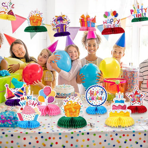NatNarr 12 Stück Set Geburtstagstisch Deko Happy Birthday Waben Tischaufsteller Bunte