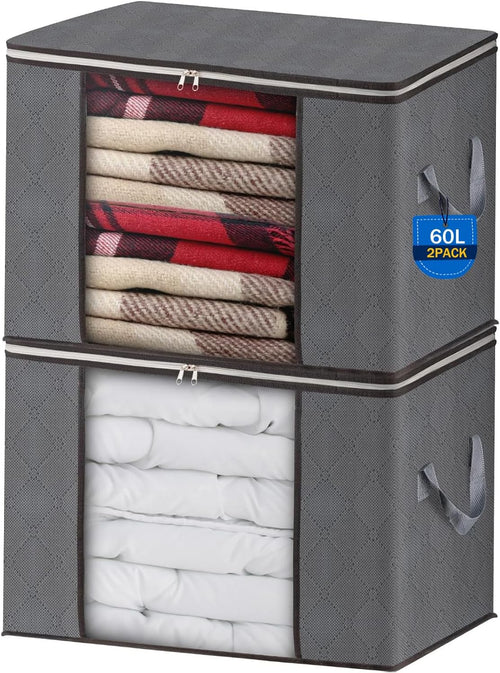 AIOR 2 Stück 60L Groß Aufbewahrungstasche, Faltbare Unterbett Kleideraufbewahrung Schrank Organizer Set, für Bettwäsche, Kleidung, Decken, Kissen Quilt Saison Artikel Lagerung, 55x35x32cm
