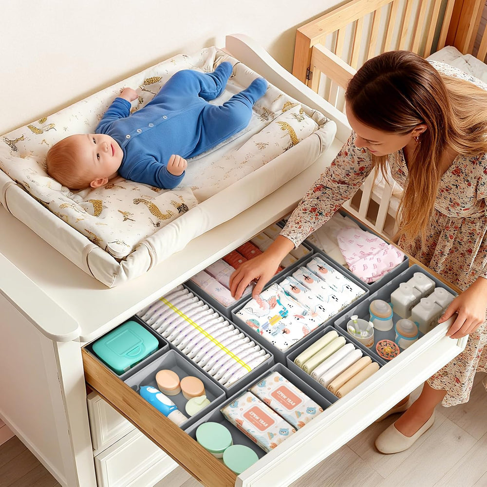 DIMJ 4 Stück Schubladen Ordnungssystem Schubladen Organizer, Faltbare Aufbewahrungsbox Stoff, Schubladeneinsätze für Kleiderschränke, Kleiderschrank Organizer für Kleidung, Hellgrau