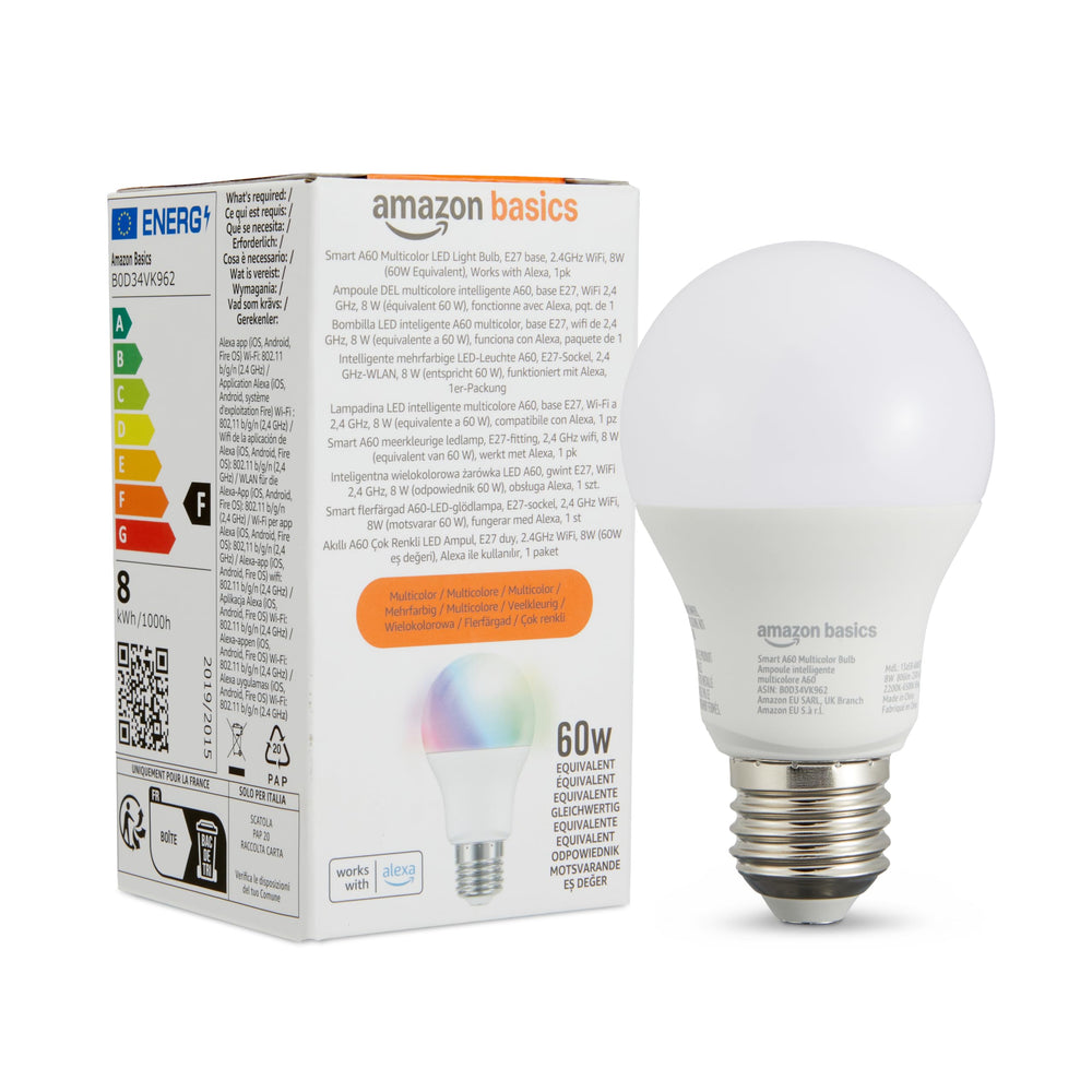 Amazon Basics smarte LED-Glühbirne, dimmbar, E27, sanftes Weiß, 8W (60W Equivalent), funktioniert nur mit Alexa, 1 Stück