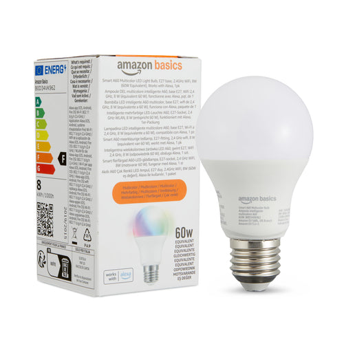 Amazon Basics smarte LED-Glühbirne, dimmbar, E27, sanftes Weiß, 8W (60W Equivalent), funktioniert nur mit Alexa, 1 Stück