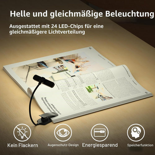 Leselampe Buch Klemme, USB Wiederaufladbare mit 24 LEDs, Schwarz