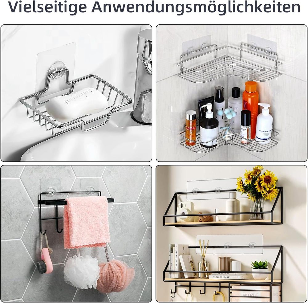 Dreamark Dusch-Klebehaken Ohne Bohren, 12 Stück Starke Transparente Klebehaken Wasserdicht für Duschregal, Seifenhalter, Badregal & Eckregal in der Küche- Keine Löcher für Küche & Bad