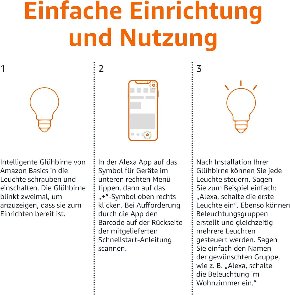 Amazon Basics smarte LED-Glühbirne, dimmbar, E27, sanftes Weiß, 8W (60W Equivalent), funktioniert nur mit Alexa, 1 Stück