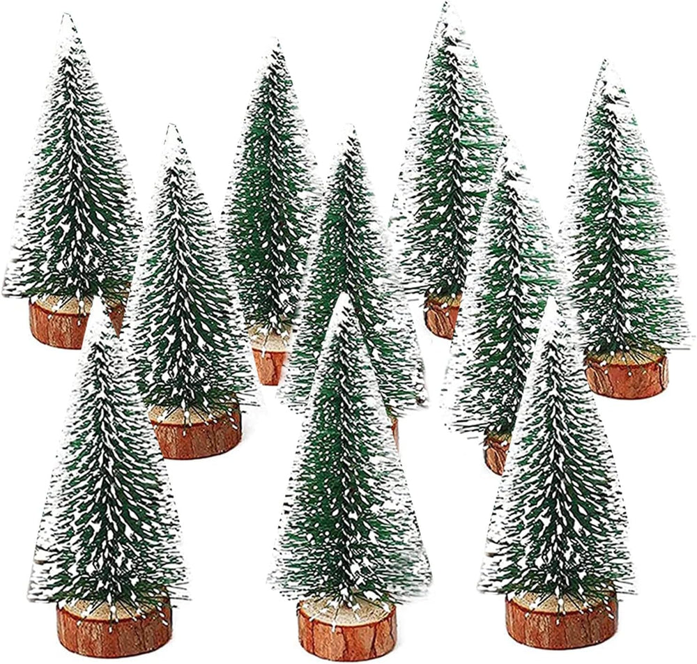 10 Stück Mini Grün Tannenbaum Mini Weihnachtsbaum Desktop Weihnachtsbäume Gefrostete Sisalbäume mit Holzbasis Naturgetreuer Christbaum mit Schnee-Effek für Tischdeko, DIY Weihnachtsdeko, Schaufenster