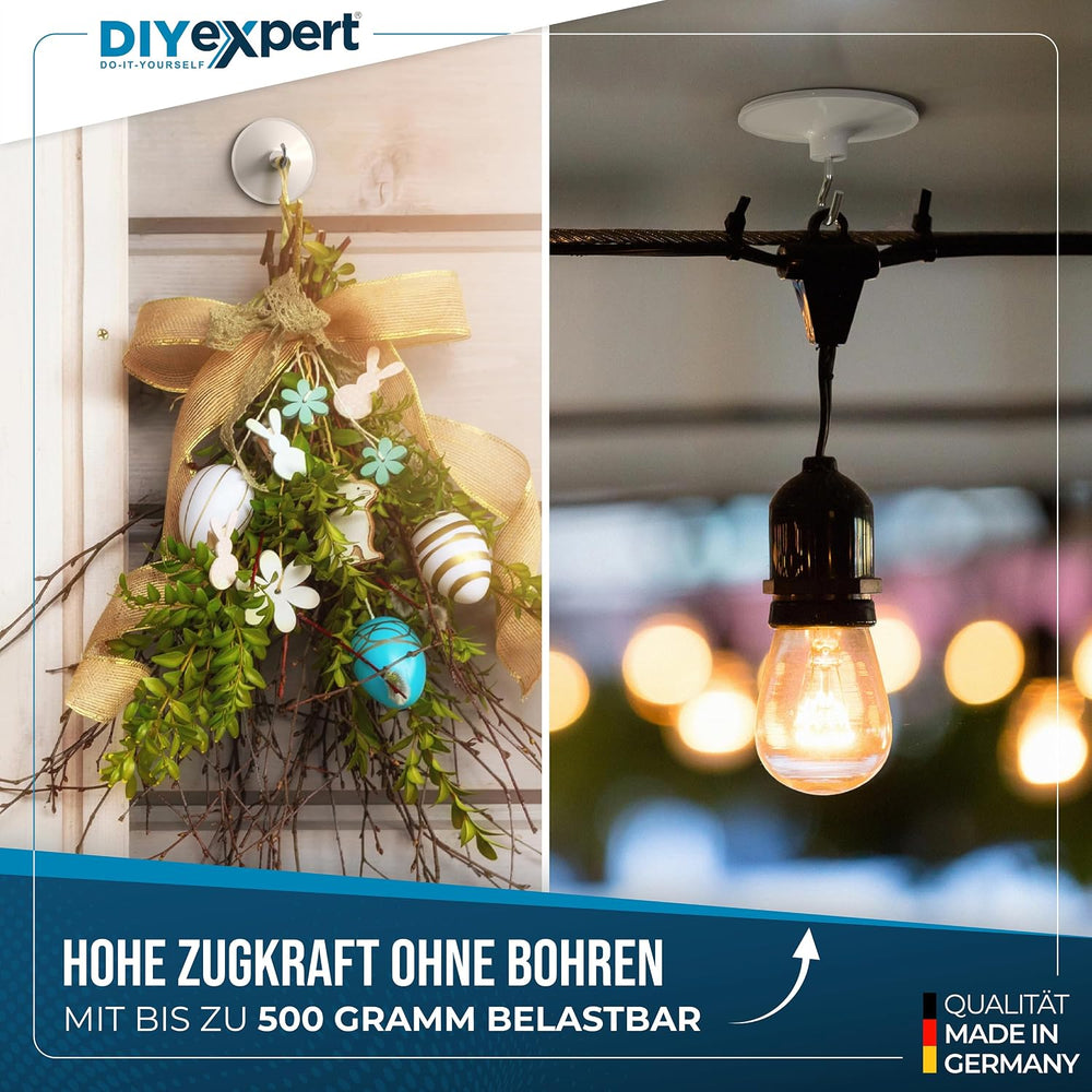 DIYexpert Deckenhaken selbstklebend | Made in Germany | [Mit Haken] [4 Stück] | Klebehaken für die Decke extra stark | Wandhaken ohne Bohren