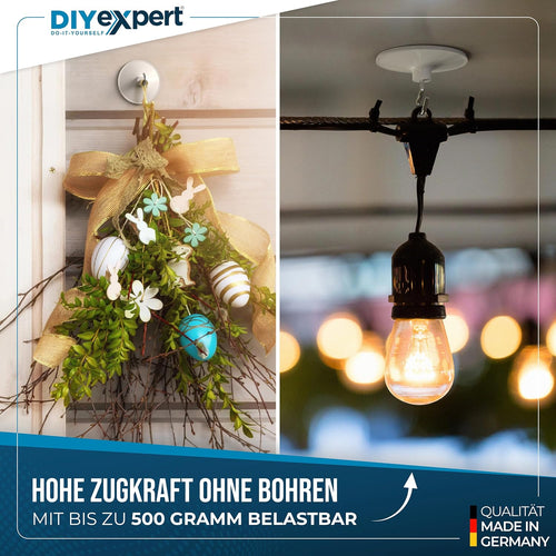 DIYexpert Deckenhaken selbstklebend | Made in Germany | [Mit Haken] [4 Stück] | Klebehaken für die Decke extra stark | Wandhaken ohne Bohren