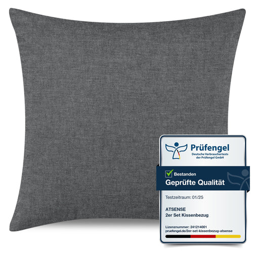 ATsense 2er Set Kissenbezug 40x40 cm - Gewaschene Baumwolle, Dunkelgrau Kopfkissenbezug mit Reißverschluss, Oeko-TEX Zertifiziert Weich, Nicht Lleicht Verformbar