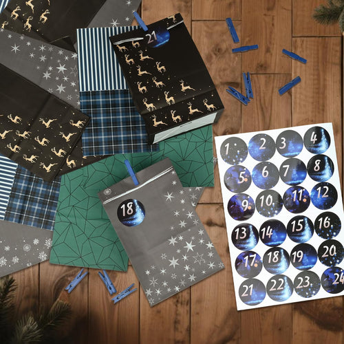 Adventskalender Tüten zum Befüllen, 24 Diy Adventskalender zum Befüllen mit Zahlenaufklebern & Klammern, Papiertüten Weihnachtskalender Tüten, Weihnachten Geschenke Machen