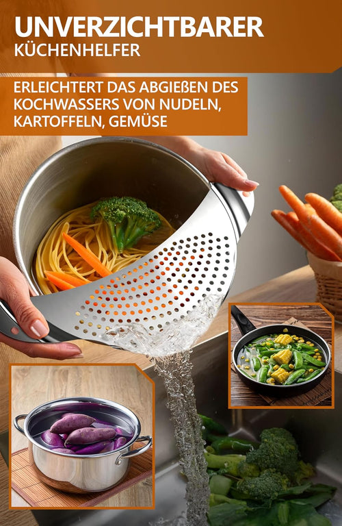 4smile Nudelsieb - Nudelsieb Edelstahl als Abgiesshilfe für Töpfe bis Ø 26 cm - Flaches Abtropfsieb platzsparend, funktionale Abgießhilfe für Pasta, Kartoffeln, Gemüse