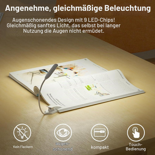 Leselampe Buch Klemme, USB Wiederaufladbare Buchlampe Klein, Weiß