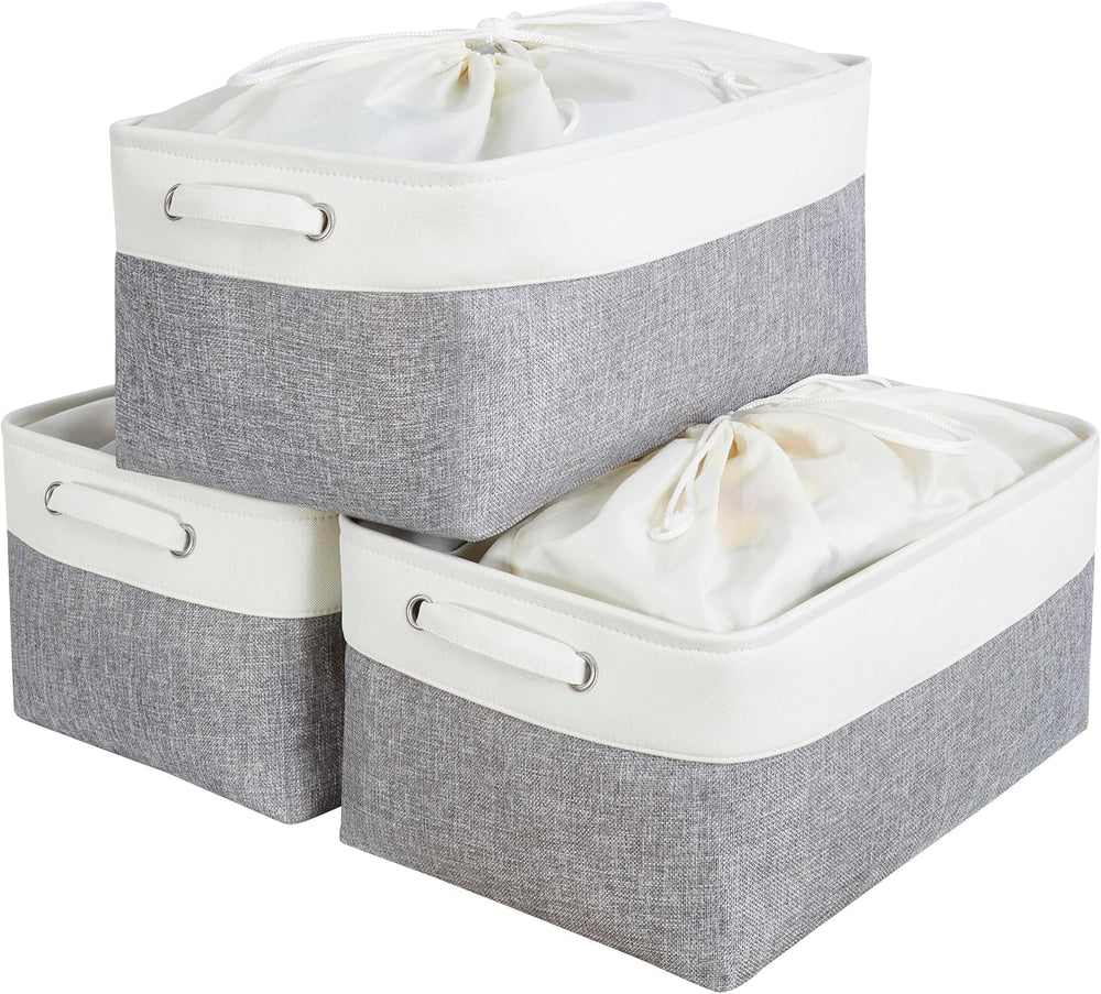 Mangata aufbewahrungsbox Stoff, aufbewahrungskorb, Korb aufbewahrung Stoff mit Griffen für Schrank, Spielzeug, kleiderschrank, Regale, Kleidung (Helles Khaki Weiß, klein)