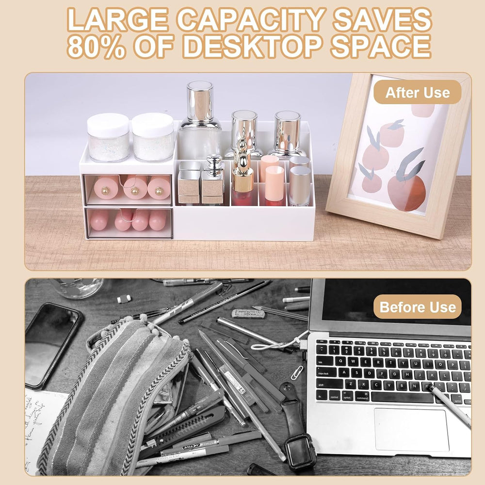 URAQT MakeUp Organizer, Kosmetik Organizer mit 2 Schubladen und 10 Fächern