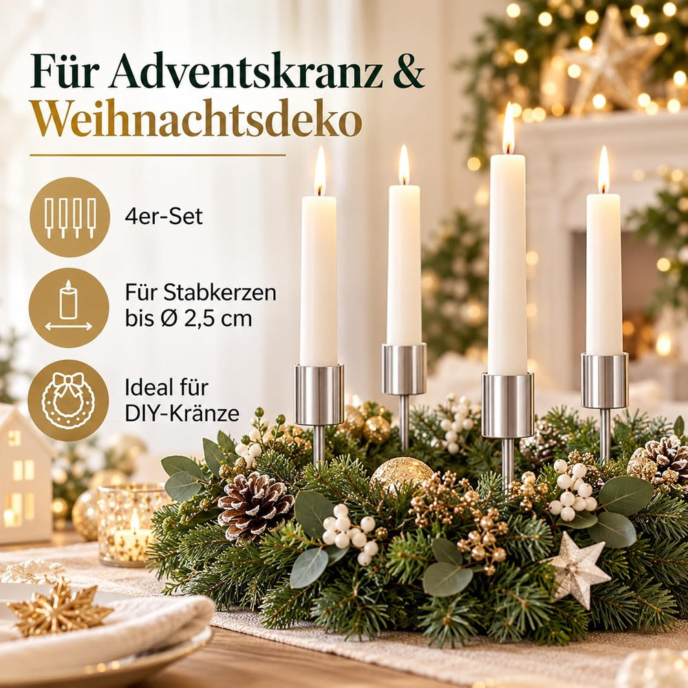 Adventskranz Kerzenhalter,Stabkerzenhalter zum Stecken, Silber, 4er-Set