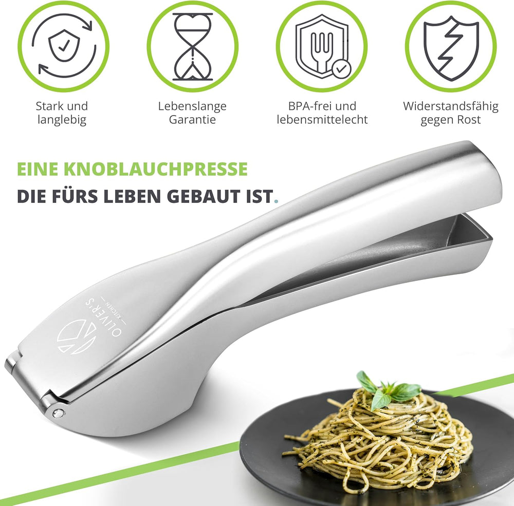 Oliver's Kitchen Knoblauchpresse + Schäler & Bürste - Leicht zu Reinigen