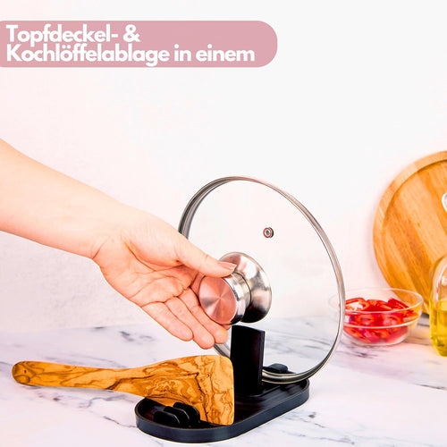 Löffelablage für Ordnung in der Küche - Topfdeckelhalter & Kochlöffelablage in einem - Ablage für Deckel, Utensilien, Pfannenwender, Tablet [schwarz]