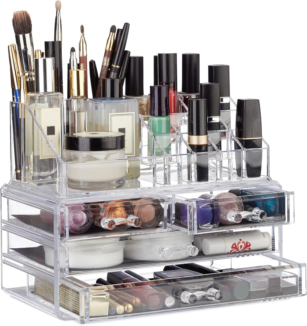 Relaxdays Make Up Organizer Acryl, 2-teilige Schminkaufbewahrung mit Lippenstifthalter und 4 Schubladen, transparent, 19 x 24 x 13.5 cm