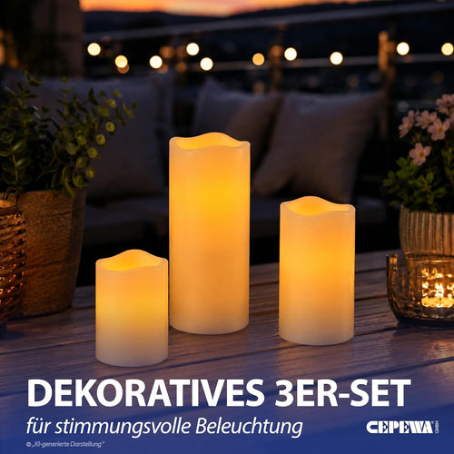 3er Set LED Kerzen Echtwachs-Optik Outdoor | 3 Größen Kunststoff elfenbein | Flackerfunktion warmweiß inkl. 5h Timer batteriebetrieben
