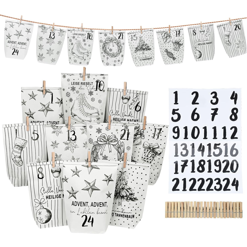 Adventskalender Tüten zum Befüllen, 24 Diy Adventskalender zum Befüllen mit Zahlenaufklebern & Klammern, Papiertüten Weihnachtskalender Tüten, Weihnachten Geschenke Machen