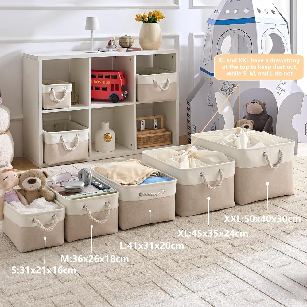 Mangata Aufbewahrungsbox Stoff,Klein Waschbare Aufbewahrungskorb, Korbe in Würfel für Schrank Regal und Kleidung(Hellbeige/Weiß, S, 1 Set)
