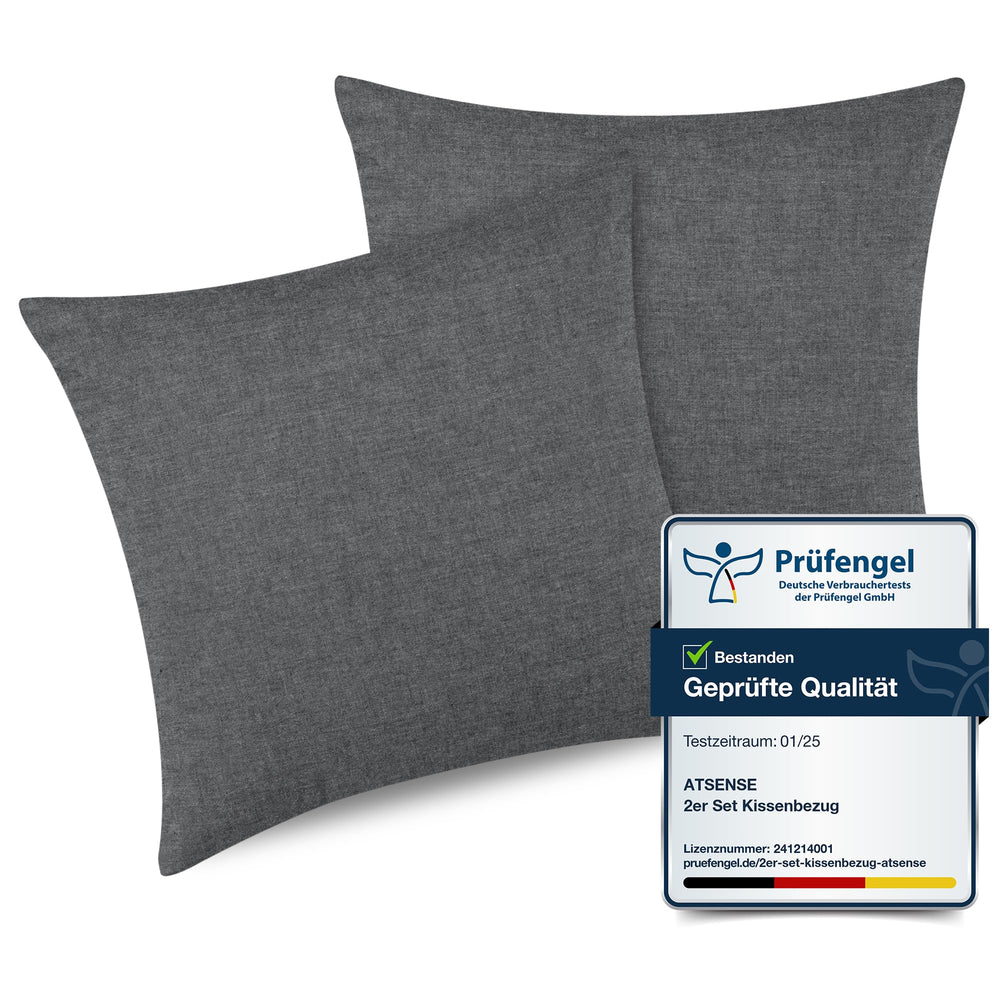 ATsense 2er Set Kissenbezug 40x40 cm - Gewaschene Baumwolle, Dunkelgrau Kopfkissenbezug mit Reißverschluss, Oeko-TEX Zertifiziert Weich, Nicht Lleicht Verformbar
