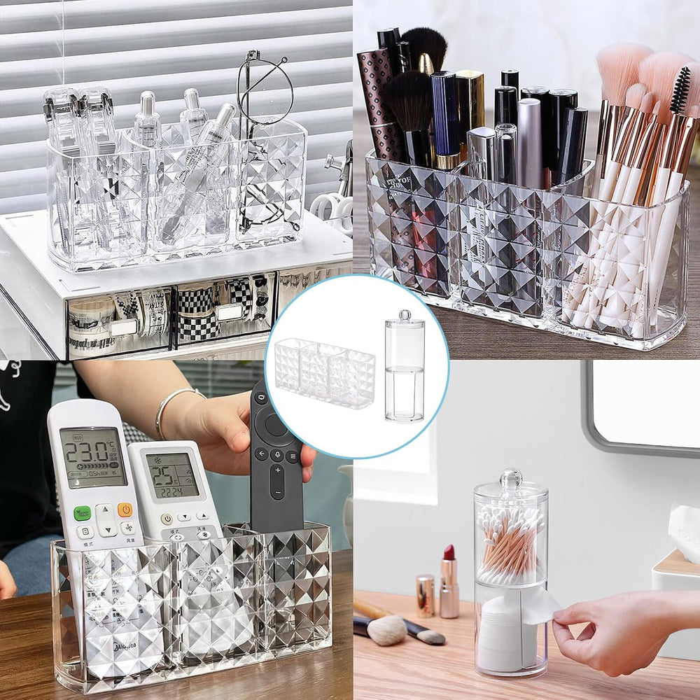 Kosmetik Organizer mit 3 Fächern, Glas Wattestäbchen Behälter Schminke Aufbewahrung, Pinselhalter, Make Up Organizer, Für Badezimmer & Schminktisch