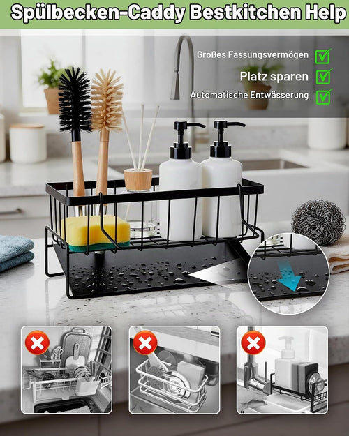 Spülbecken Organizer hängend aus Edelstahl mit selbstentleerender Ablaufwanne, Küchen Organizer Spüle für Schwämme, Bürsten, Seife und Geschirrtücher, platzsparender Organizer Küche für Küche und Bad