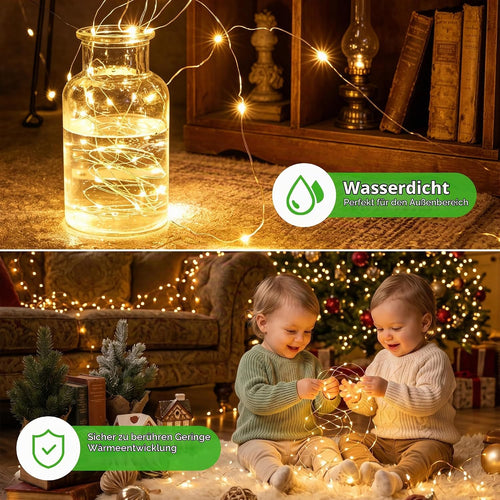 Mini Lichterkette 5M 50LED Warmweiß, Wiederaufladbar USB, Timer, 8 Modi, Wasserdicht, für Innen Außen, Garten, Hochzeit, Party, Weihnachten, 2 Stück