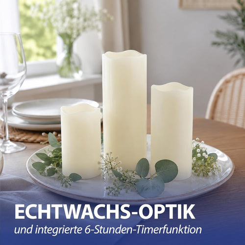 3er Set LED Kerzen Echtwachs-Optik Outdoor | 3 Größen Kunststoff elfenbein | Flackerfunktion warmweiß inkl. 5h Timer batteriebetrieben